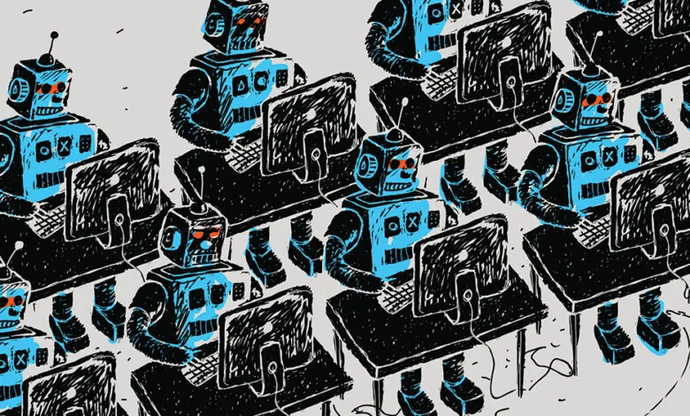 Illustration of blue robots working at computers in a repetitive pattern.