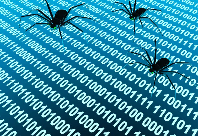 Three black spiders crawl across a blue background of binary code.