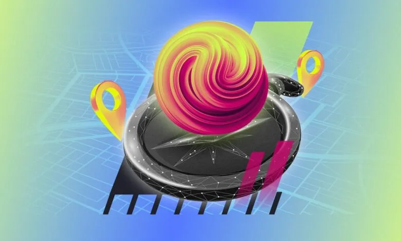 Abstract AI strategy illustration with compass, map, and location pins.