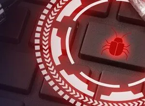 Keyboard key with a red bug icon, representing a computer virus or malware.