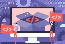 Illustration of two figures coding in front of a computer screen with code symbols.