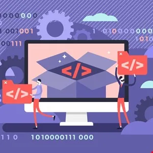 Illustration of two figures coding in front of a computer screen with code symbols.