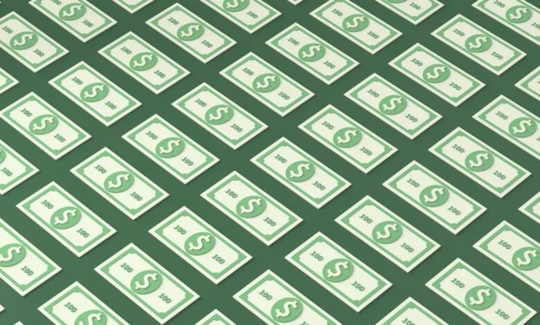 Isometric pattern of stylized green $100 bills on a green background.
