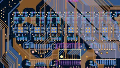 Detailed view of a complex, colorful printed circuit board design.