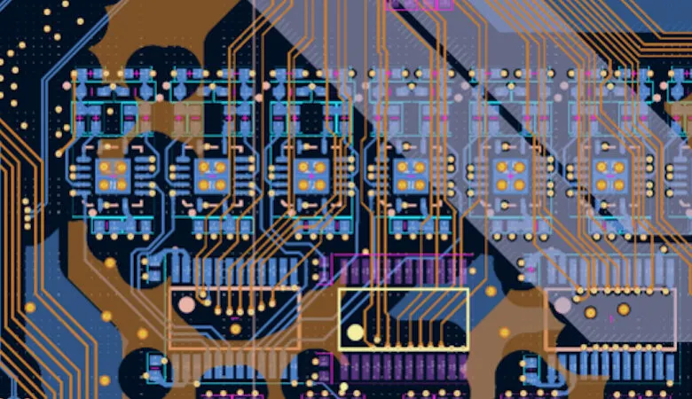 Detailed view of a complex, colorful printed circuit board design.