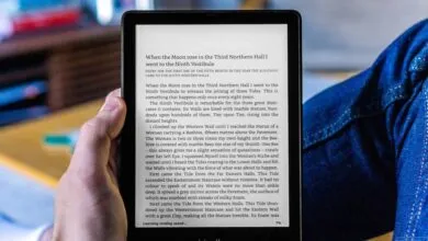 Person holds e-reader displaying text from a book, close-up view.