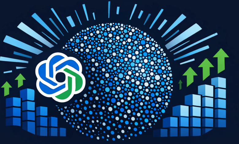 ChatGPT logo with upward trending charts and arrows, symbolizing growth.