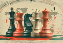 Chess pieces arranged on a board with a world map and circuit board patterns.