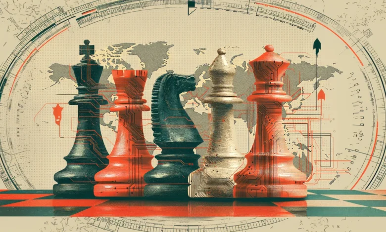 Chess pieces arranged on a board with a world map and circuit board patterns.