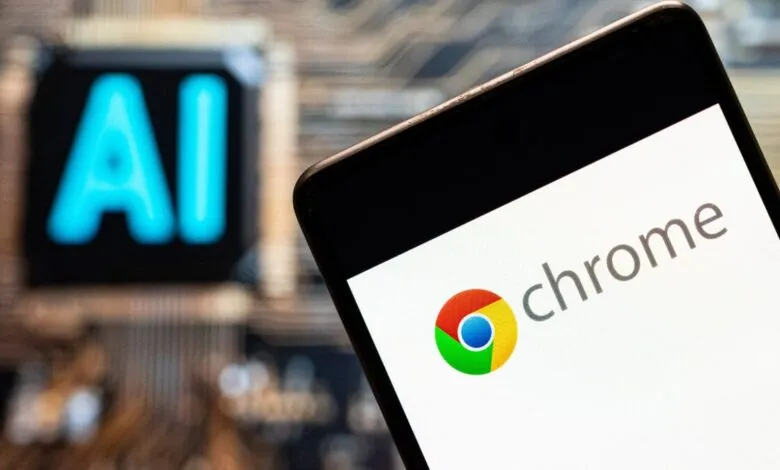Chrome logo displayed on a phone screen with 'AI' in the background.