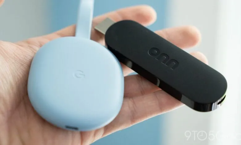 Onn 4K streaming stick and Google TV device in hand.