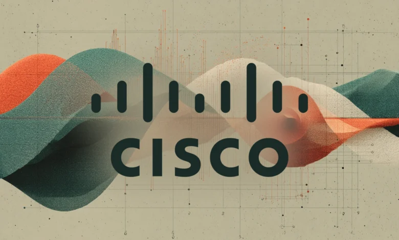 Abstract Cisco logo with waves and data lines on a textured background.