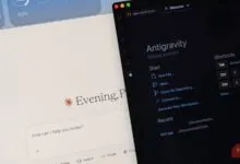 Two screens showing Claude AI and Antigravity code editor side-by-side.
