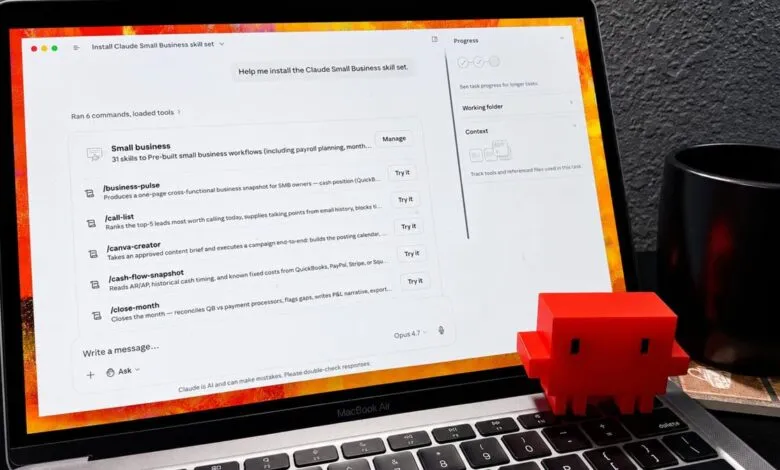 Laptop displaying Claude AI business skills with a red toy figure.