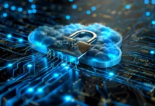 Cloud-shaped lock on circuit board, symbolizing secure cloud computing.