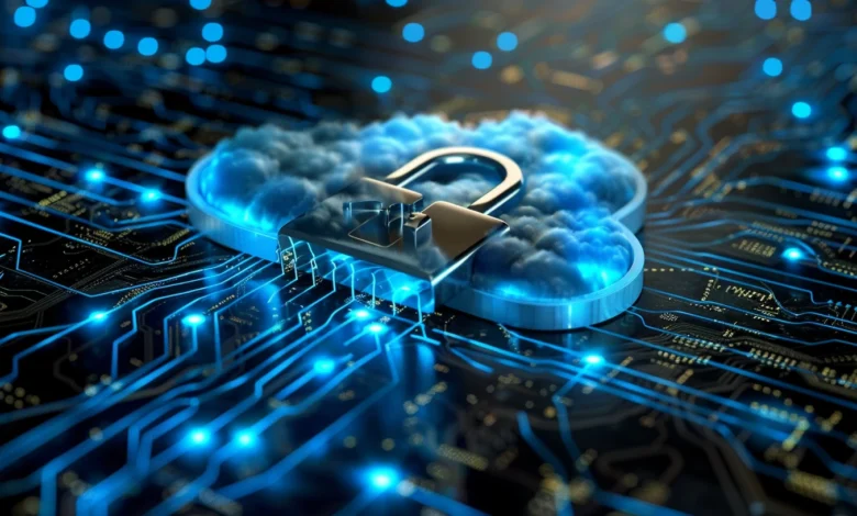 Cloud-shaped lock on circuit board, symbolizing secure cloud computing.