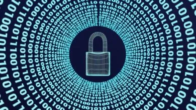 Digital padlock surrounded by binary code, symbolizing data security.