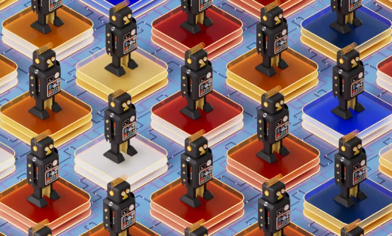 Isometric view of retro robots on colorful platforms connected by circuit lines.