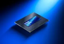 Intel Core Ultra processor chip on a blue gradient background.