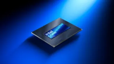Intel Core Ultra processor chip on a blue gradient background.
