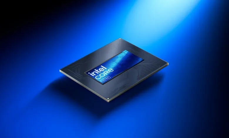 Intel Core Ultra processor chip on a blue gradient background.
