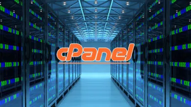 cPanel logo in a server room, rows of servers visible.
