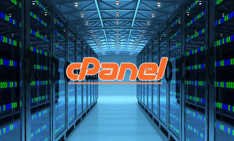 cPanel logo in a server room, rows of servers visible.