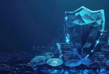 Digital shield protects cryptocurrency coins in a secure network.