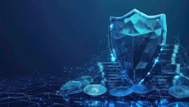 Digital shield protects cryptocurrency coins in a secure network.