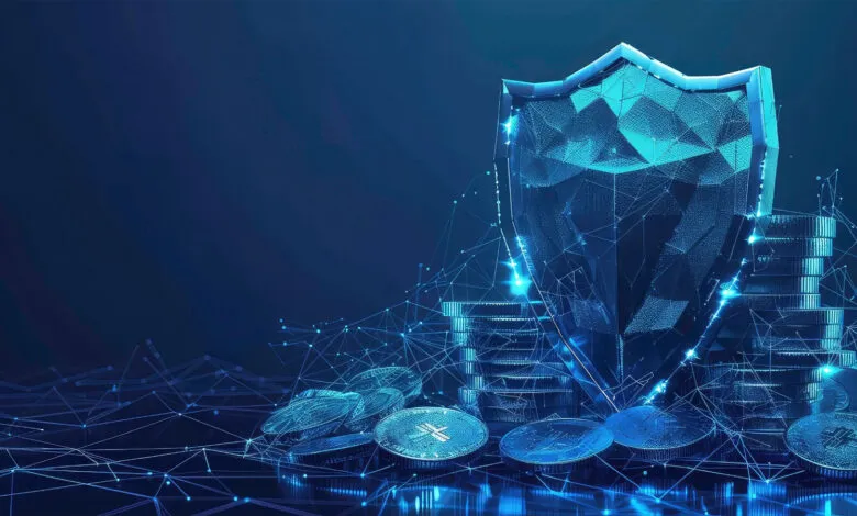 Digital shield protects cryptocurrency coins in a secure network.