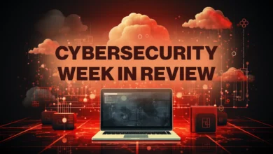 Cybersecurity Week in Review graphic with laptop and cloud icons.