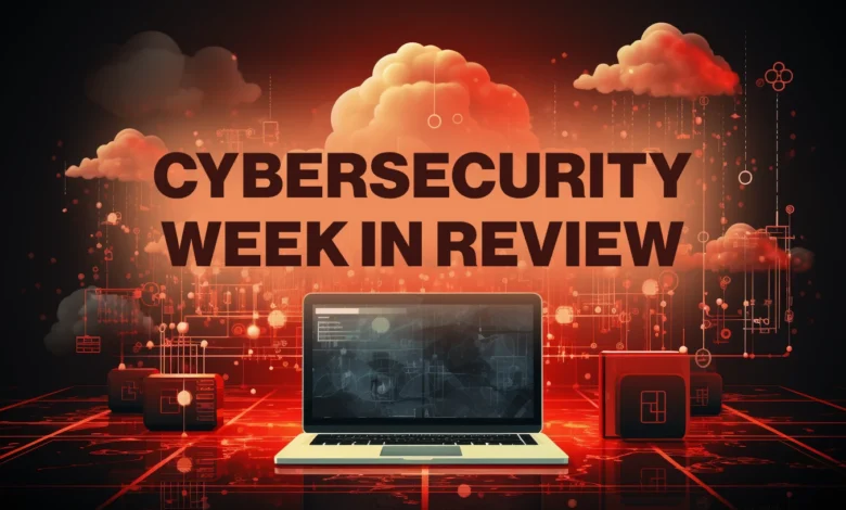 Cybersecurity Week in Review graphic with laptop and cloud icons.