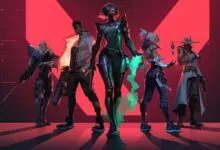 Valorant characters stand ready in front of a red backdrop.