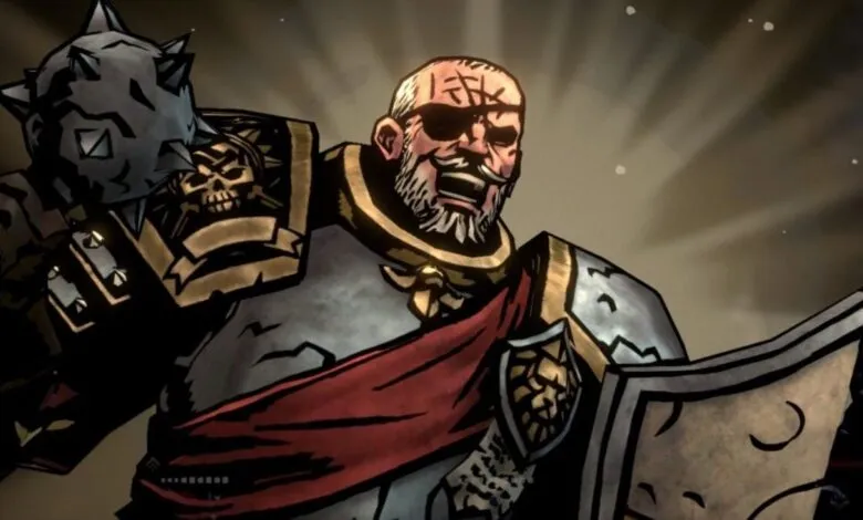 Illustration of a heavily armored warrior with a spiked mace and shield.
