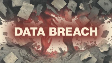Data breach illustration with hands reaching and scattered documents.