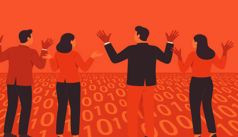 Four people stand on a binary code floor, gesturing with confusion.