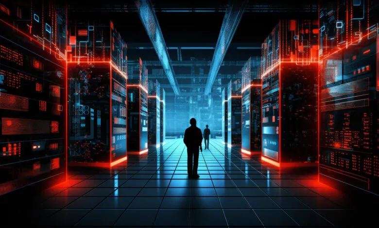 Two silhouetted figures walk through a futuristic server room with glowing lights.