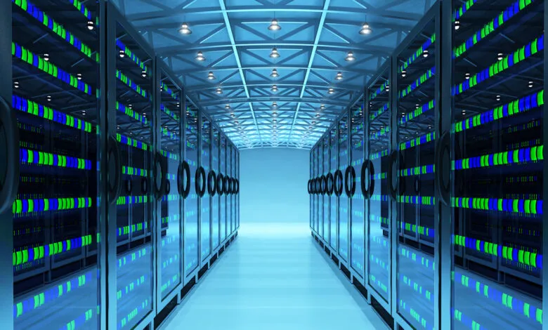 Bright, symmetrical view of a server room with rows of data racks.