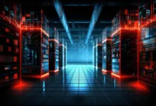 Data center aisle with glowing servers and grid floor, futuristic design.