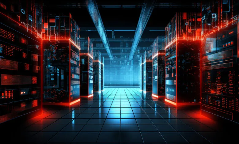 Data center aisle with glowing servers and grid floor, futuristic design.