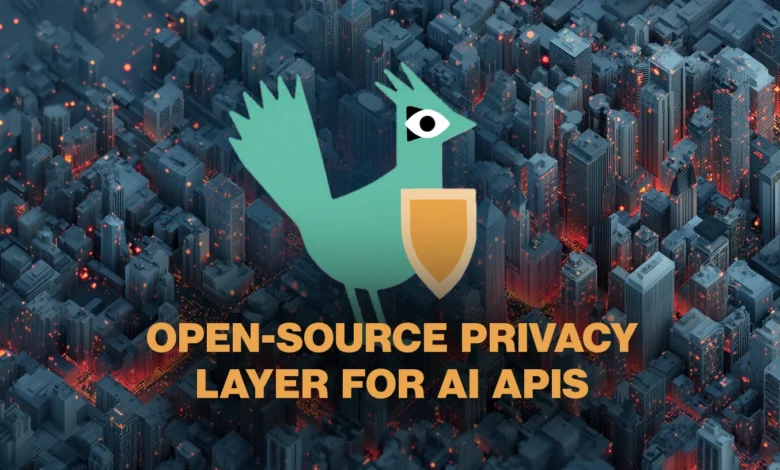 Abstract bird logo with shield over city, text: Open-source privacy layer for AI APIs.