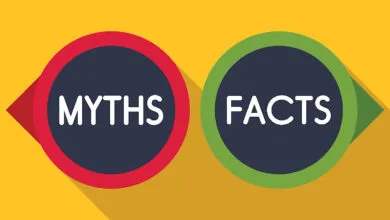 Two circles labeled 'Myths' and 'Facts' on a yellow background.