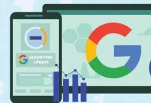 Google Algorithm Update illustration on phone and computer screens with charts.