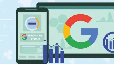 Google Algorithm Update illustration on phone and computer screens with charts.