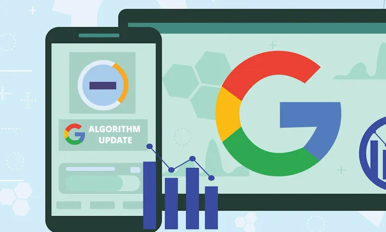 Google Algorithm Update illustration on phone and computer screens with charts.