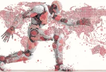 Robot figure overlaid on a world map with red dots and virus-like shapes.