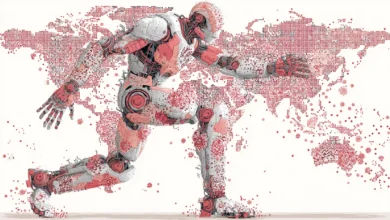 Robot figure overlaid on a world map with red dots and virus-like shapes.