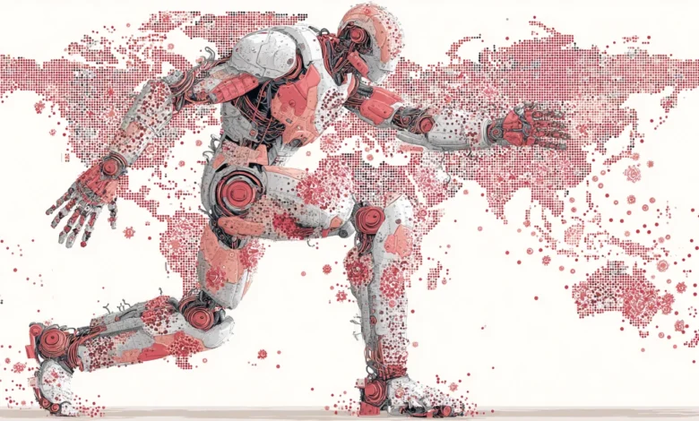 Robot figure overlaid on a world map with red dots and virus-like shapes.