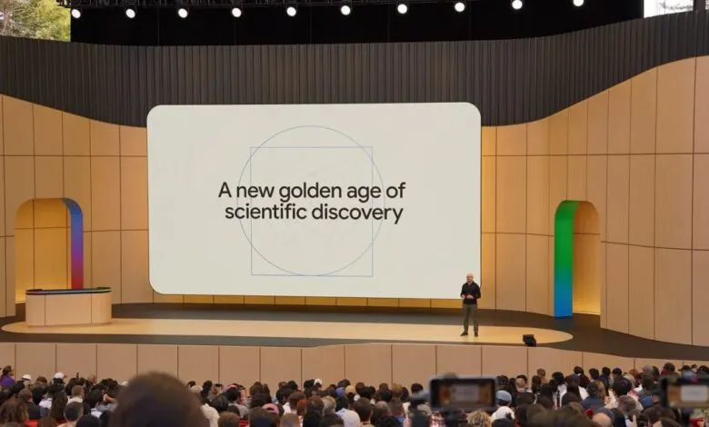 Demis Hassabis presents 'A new golden age of scientific discovery' on stage.