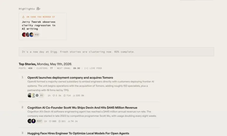 Digg AI interface showing top stories, highlights, and clustering progress.